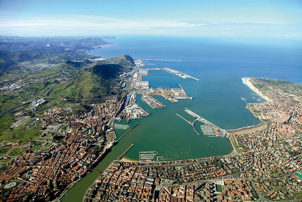 An aerial view of the Port of Bilbao on the Abra Bay, at the common mouth of the rivers Nervion, Ibaizabal and Cadagua. Photo: Port of Bilbao