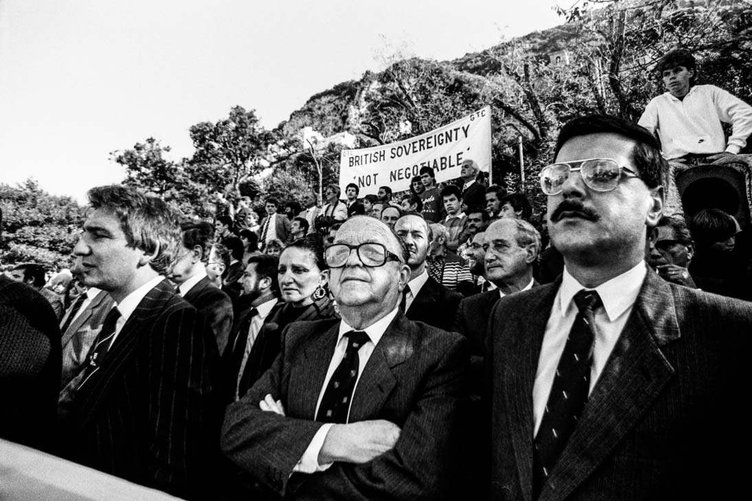 December 1987. Sir Joshua Hassan (chief minister) flanked by members of the government and opposition in a demonstration against plans by the UK to cede sovereignty of Gibraltar to Spain. Photo: DM Parody (www.dotcom.gi/photos)